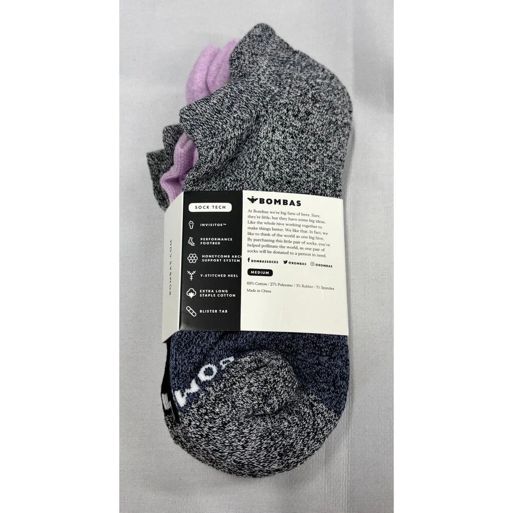 Bombas 3-pk Ankle Socks Size Medium Black Gray Purple NEW - Picture 3 of 5